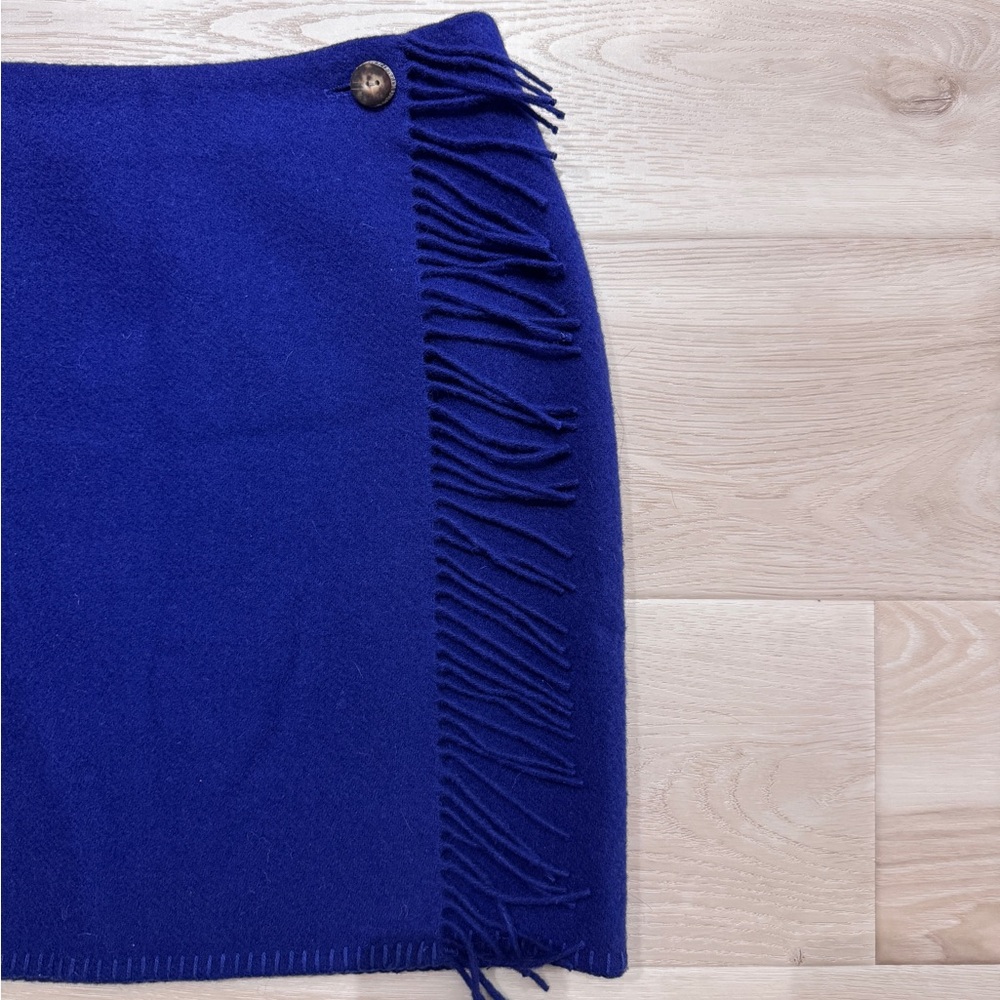 VTG Ralph Lauren Country Fringe Wrap Wool Skirt Blue Mini Union Made Size 12 - Picture 3 of 6